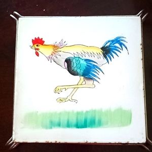Vintage boho hand crafted and painted colorful rooster tile triv